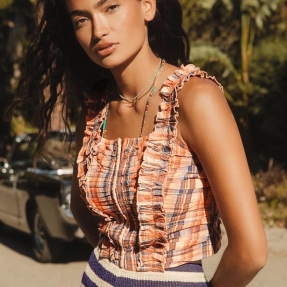 Anthropologie Verb Pallavi Singhee Size Small Orange Blue Plaid Smocked Crop Top